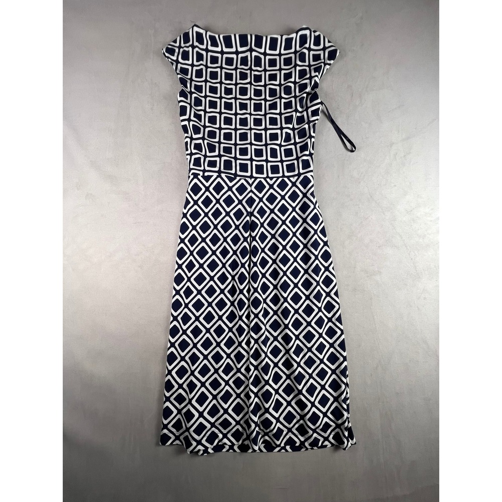 Lauren Ralph Lauren Navy White Geometric Sheath Dress Faux Wrap Boat Neck Size 6